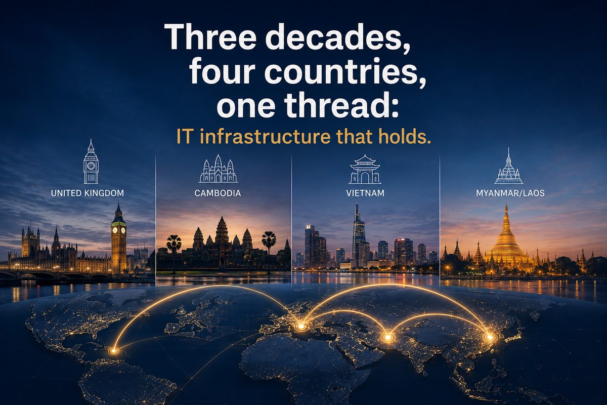 Three decades, four countries, one thread: IT infrastructure that holds. A glowing network map connecting the United Kingdom, Cambodia, Vietnam, and Myanmar/Laos, with landmark skylines for each.
